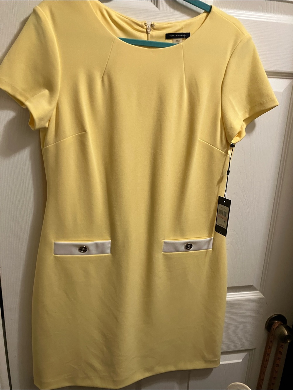 Tommy Hilfiger Yellow Short Sleeve Shift Dress with White Pocket Trim